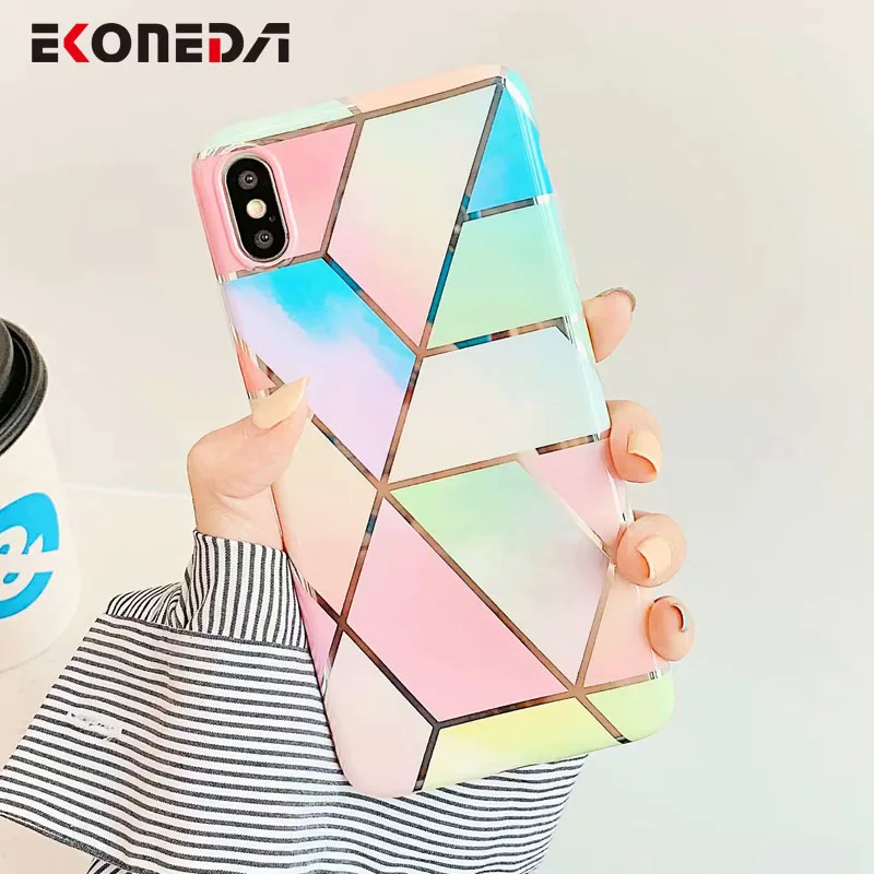 

EKONEDA Geometric Colorful Marble Case For iPhone XR X XS Max Case Silicone Soft Back Case For iPhone 7 Plus 6 6S 8 Plus