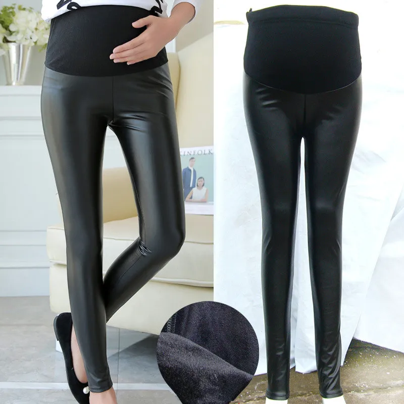 PU leather pregnant women leggings autumn and winter warm pants, suitable for Pregnant women pants  velvet adjustable high waist