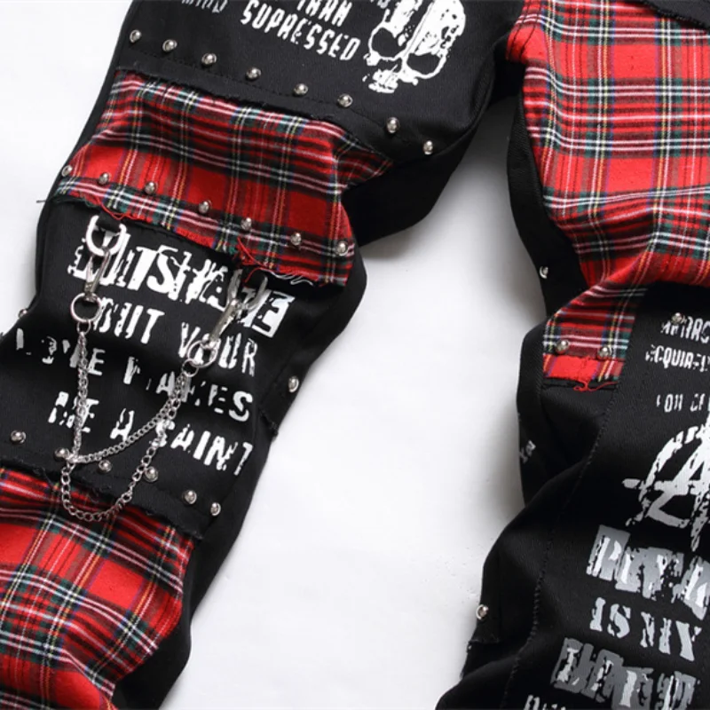 2025 Korean Fashion Red Plaid Patchwork Punk Rivet Men Slim Jeans Trousers Skull Letters Print Hip Hop Chain Denim Pants Spodnie