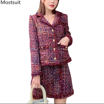

Autumn Vintage Fashion Runway Tweed Two Piece Set Plaid Long Sleeve Single Breasted Jacket Coat Tops+mini Skirt Set Elegant Suit