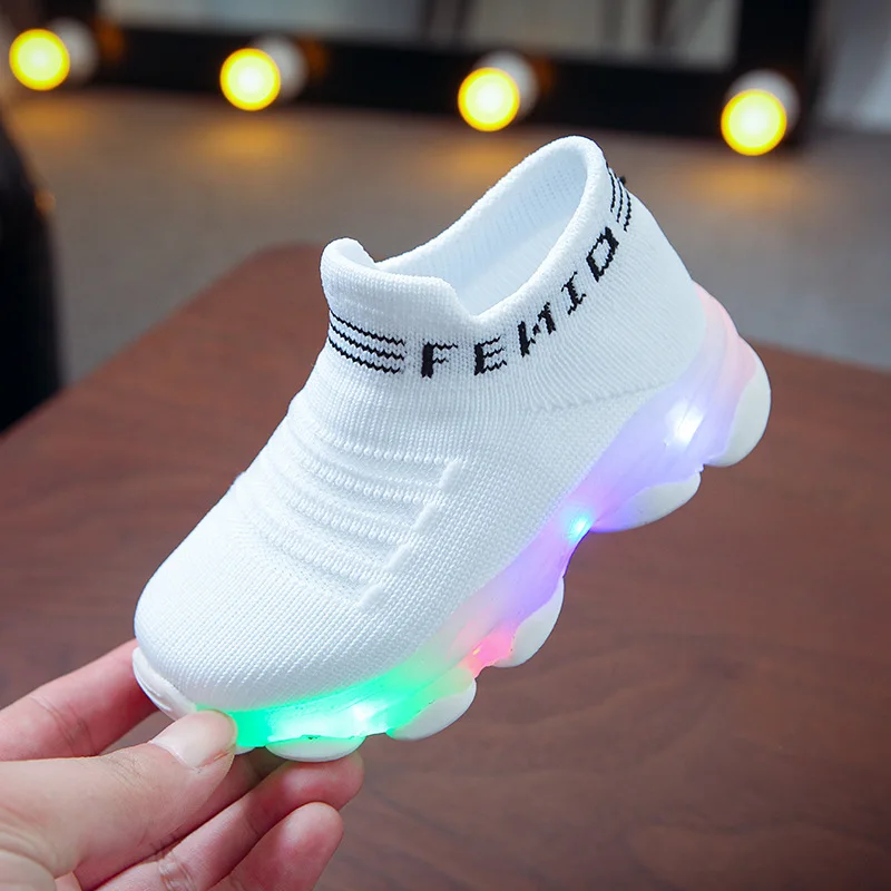 Kids Sneakers Children Baby Girls Boys Letter Mesh Led Luminous Socks Sport Run Sneakers Shoes Sapato Infantil Light Up Shoes