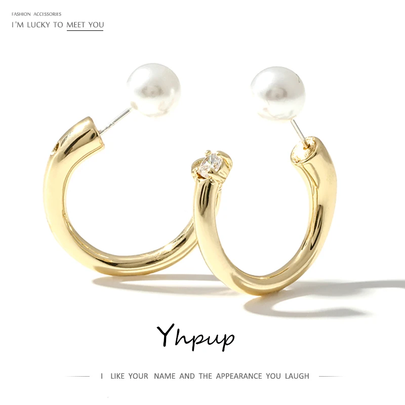 Yhpup минималистичные жемчужные серьги-гвоздики, медные 16 к металлические золотые серьги Brincos для женщин, для вечеринки, офиса, ювелирное изделие, подарок, новинка, S925