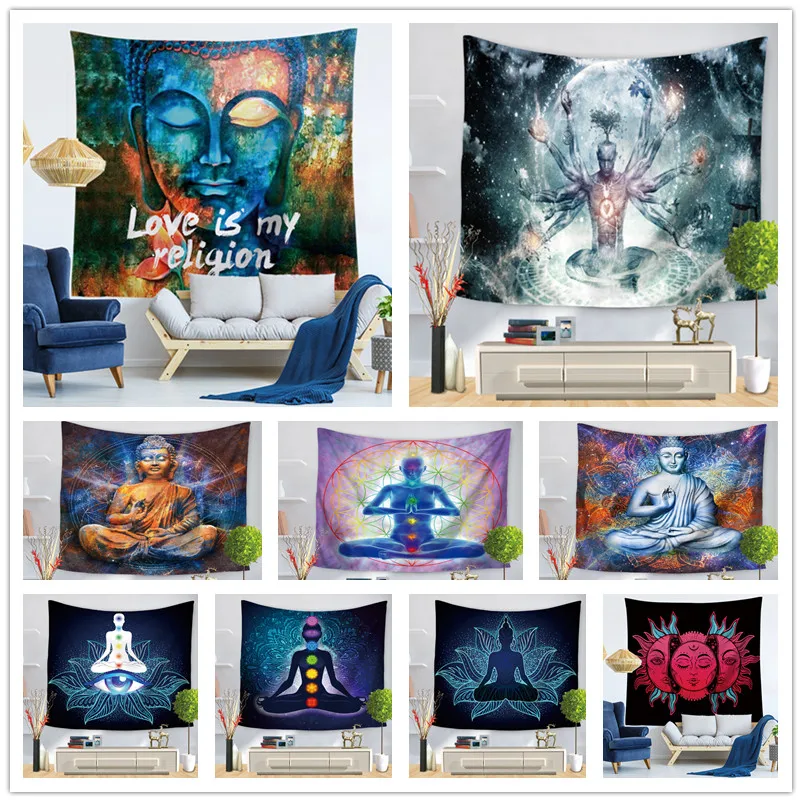 Sun Moon Mandala Tapestry Wall Hanging Celestial Indian Buddha Statue Hippie Carpets Chakra Psychedelic | Дом и сад