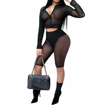 

2PCS Women's Solid Perspective Pants Sets Crop Tops Shorts Pants Bodycon Casual Outfit Sportswear Tracksuit