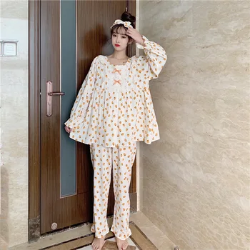 

Autumn Cotton Princess Pajamas suit Long-sleeve Ruffle Round Neck Print Pyjamas Loose Stitching Cardigan Home Clothing Nightwear