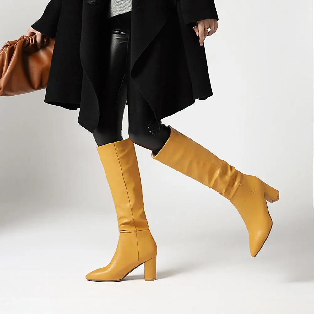 2020 High Heel Knee High Boots Women Shoes Faux Leather Pleated Long