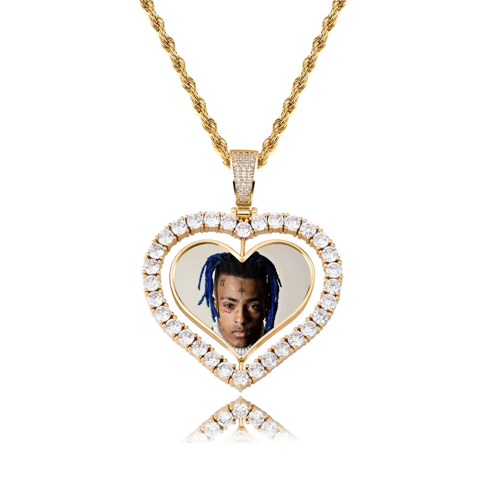 TOPGRILLZ Heart Shaped Custom Photo Spin Double Sided Medallion Pendant Necklace With 4mm Tennis Chain Zircon Hip Hop Jewelry