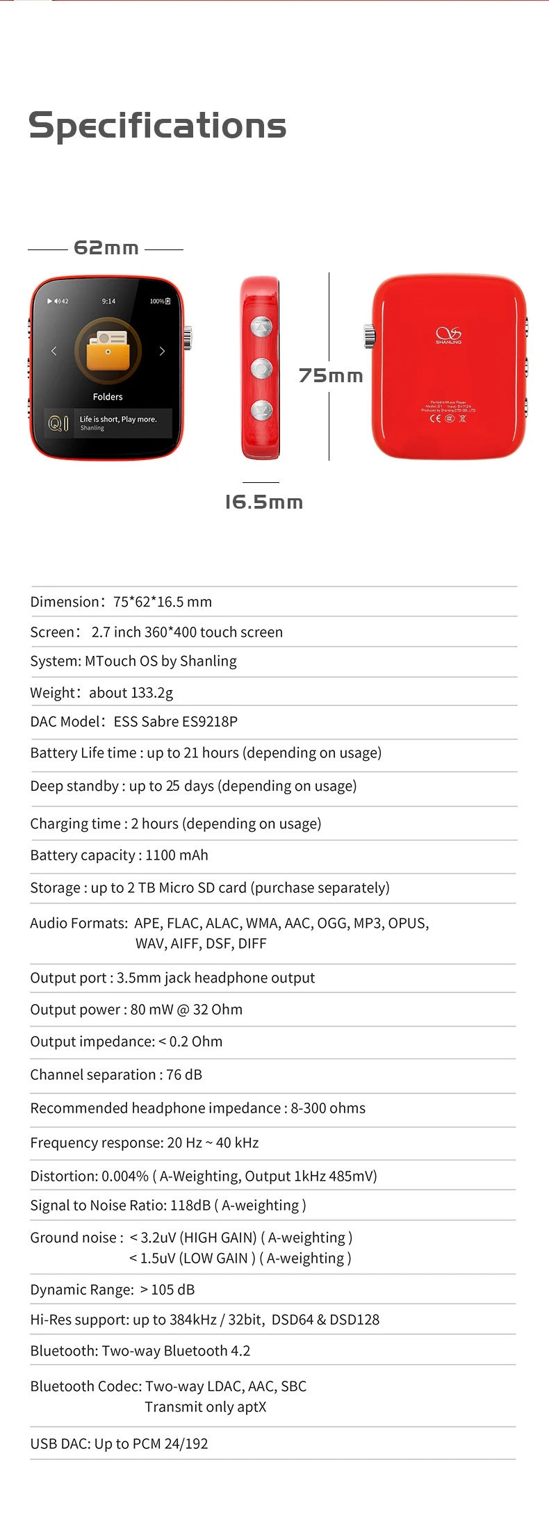 Shanling Q1 ES9218P DAC/AMP Two-way Bluetooth Portable HiFi Audio Music Player MP3 support DSD128 PCM32bit/384kHz LDAC/aptX