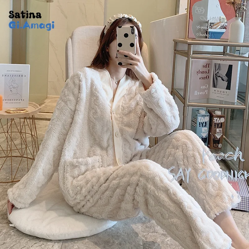 Женский пижамный комплект зимний коралловый бархатный однотонный кардиган с