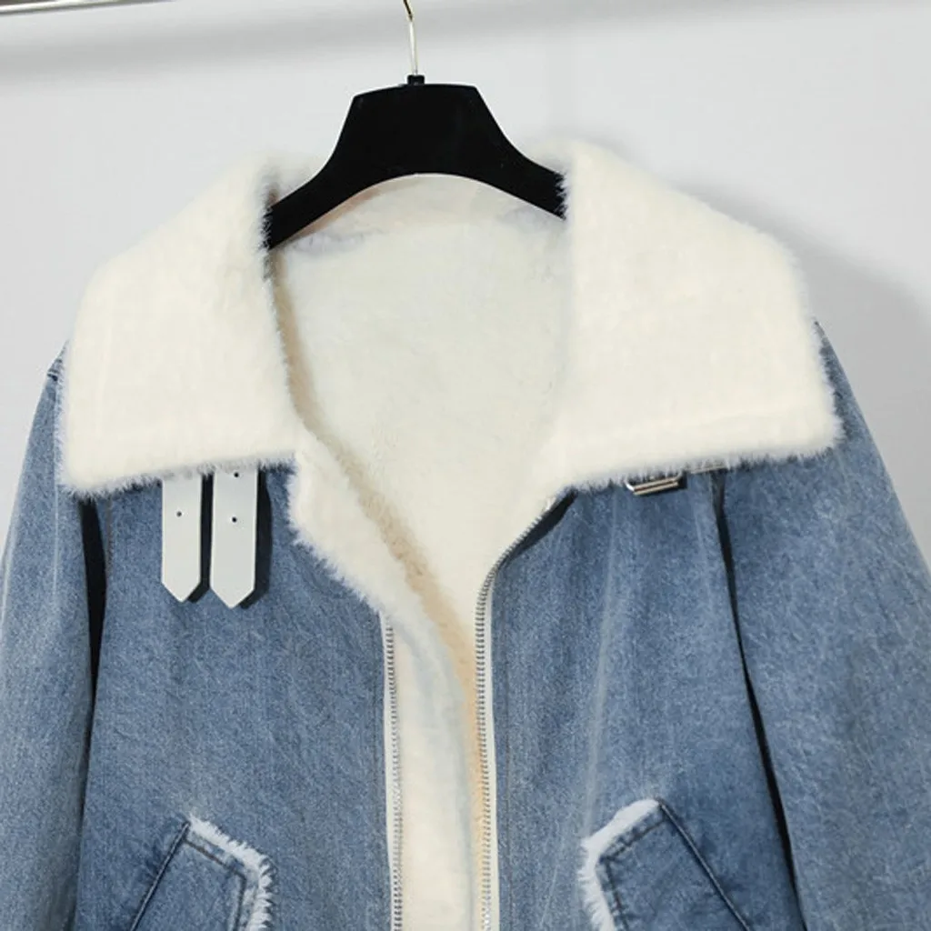 Женская бархатная Толстая джинсовая куртка пальто Зимние карманы с длинными рукавами теплые джинсы пальто Верхняя одежда короткое пальто# Zer
