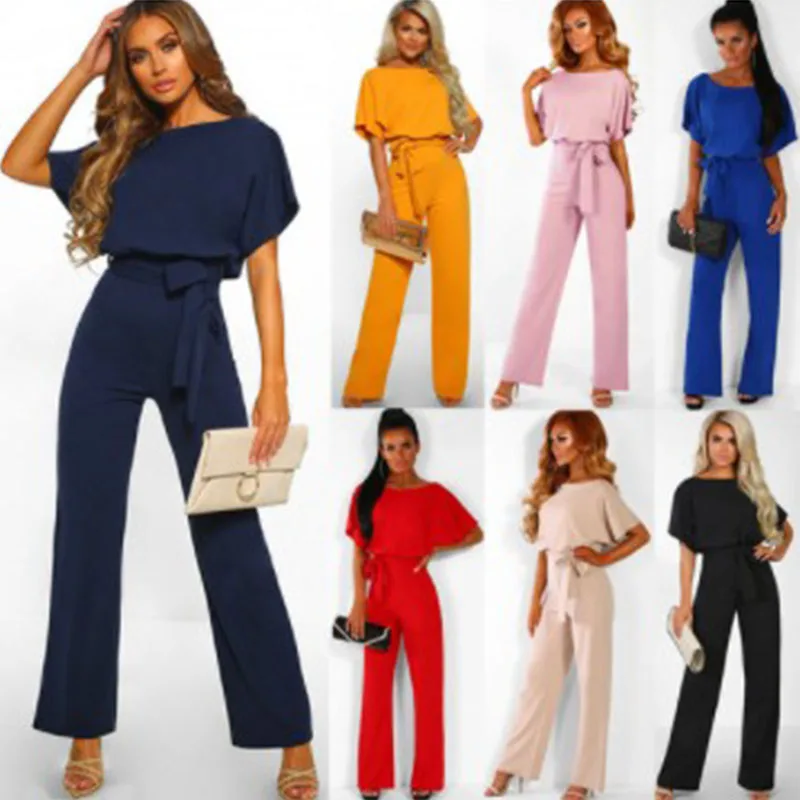 

Hot new 7-color 2019 spring/summer style tee-buttoned short-sleeved jumpsuits