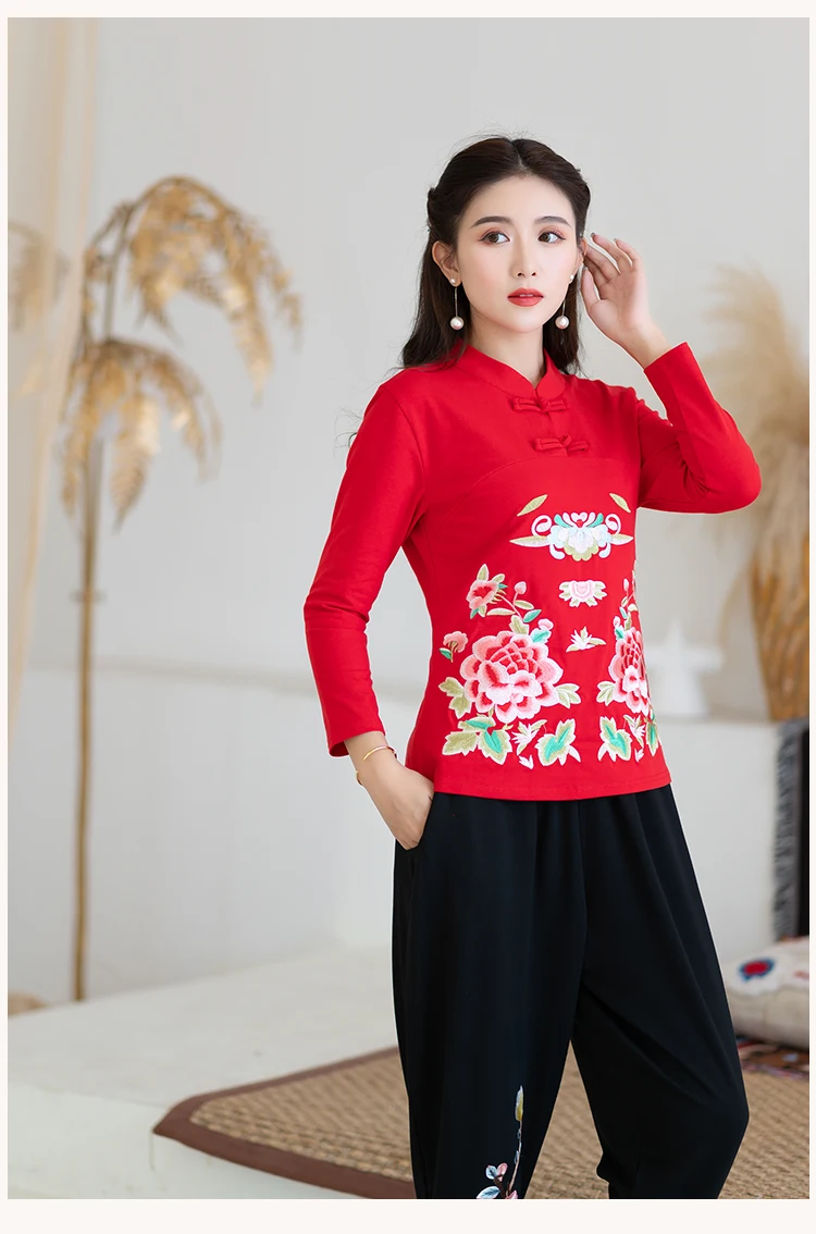 KYQIAO blusa feminina Женский Осенний Традиционный китайский стиль воротник стойка зеленый черный красный цветочный Вышивка блузка рубашка