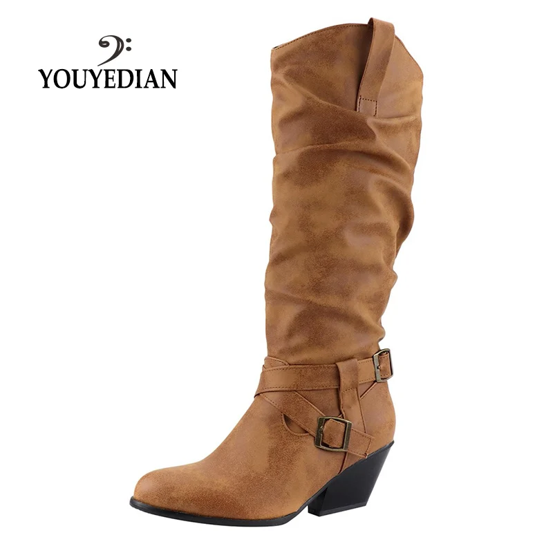 

YOUYEDIAN leather women boots 2019 western boots cowboy boots women Cross Buckles Square Heel Middle Tube casual Booties#812g30