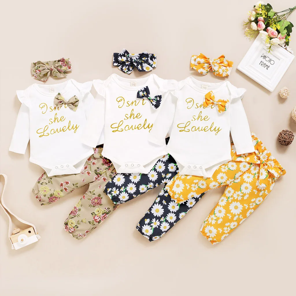 Headband Outfit Set Newborn Baby Girl Clothes Letter Romper Jumpsuit Tops+Pants 