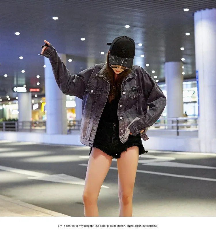 Дымчатая серая Весенняя джинсовая куртка Harajuku Женская Большие размеры винтажные джинсы, куртка женская Повседневная Базовая куртка женская SA255S50