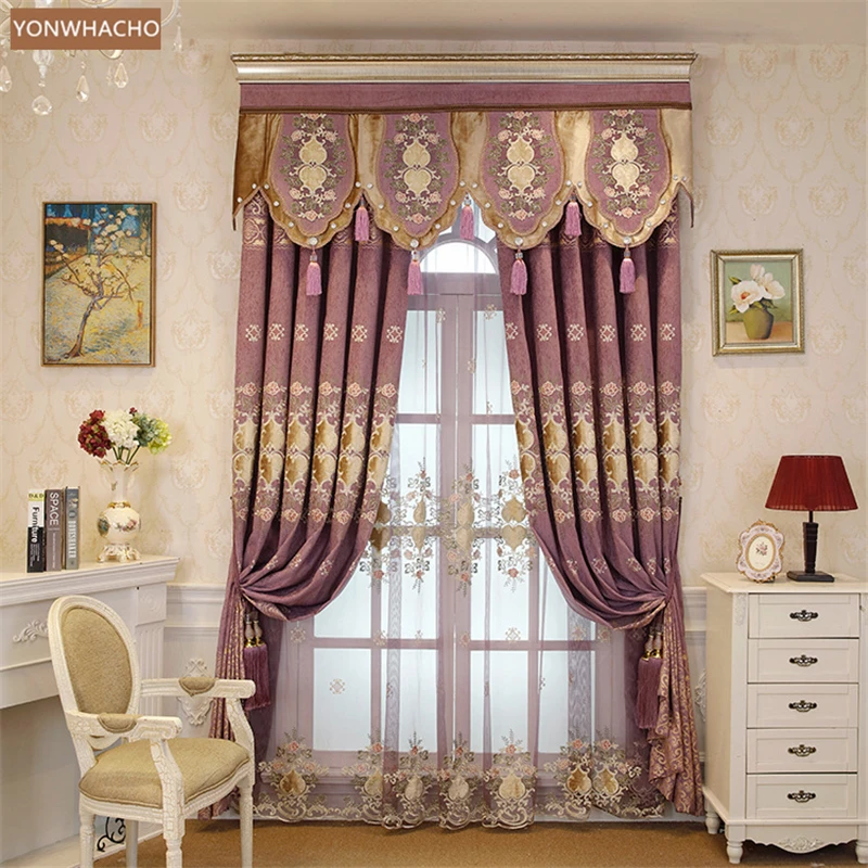 

Custom curtains chenille embroidery European living room bay window pink cloth blackout curtain tulle valance drape B868