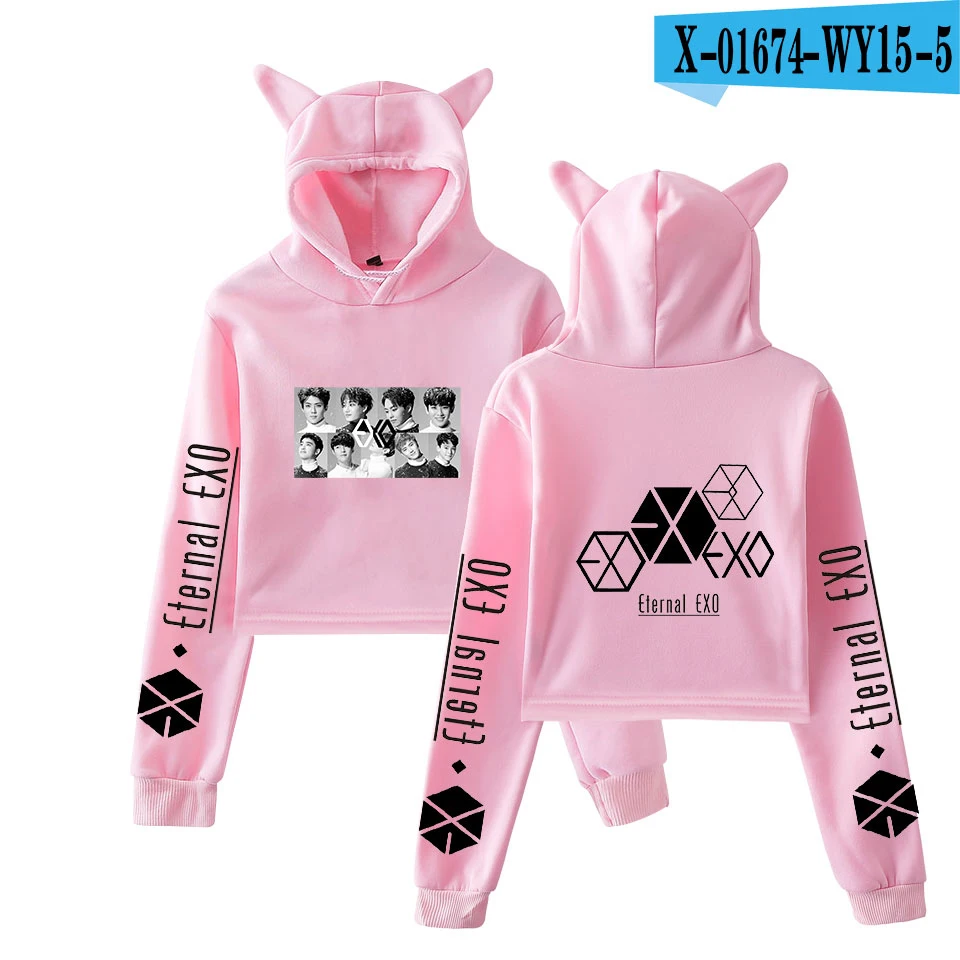 EXO Ablum Ulzzang Милая толстовка с кошачьими ушками Осенняя Женская Студенческая пуловеры Harajuku Повседневная укороченная Толстовка для женщин - Цвет: pink