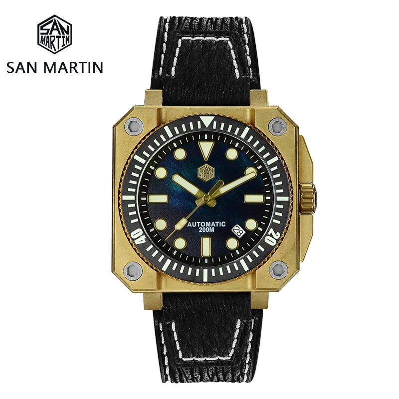

San Martin Limited Edition MOP Square Men Mechanical Watch Beryllium Bronze/Titanium Alloy Waterproof Luminous Shark Leather