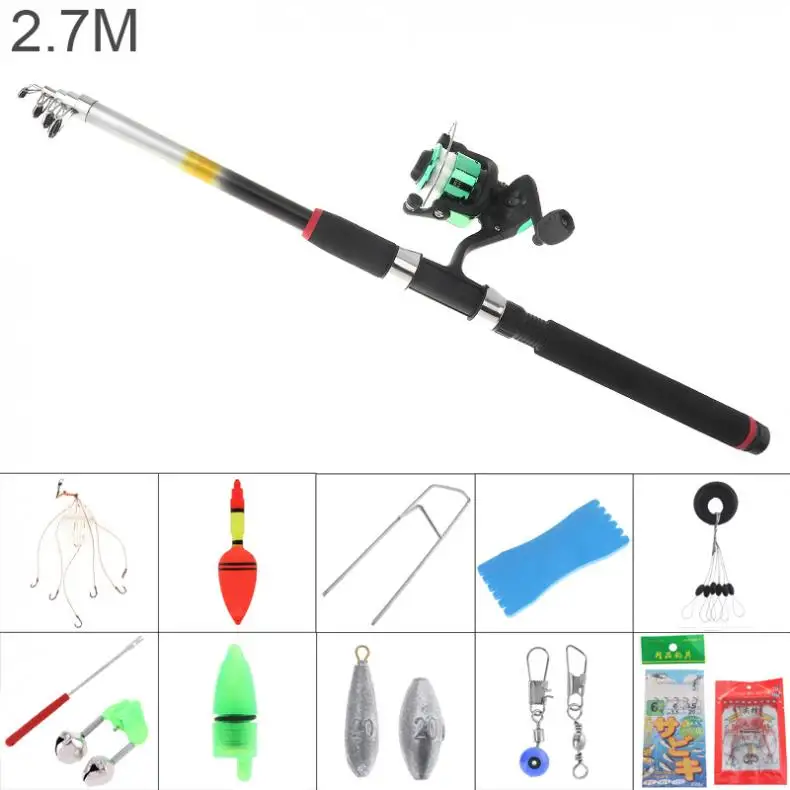 

2.7m Fishing Rod Reel Line Combo Full Kits Spinning Reel Pole Set with Carp Lures Float Hooks Beads Bell Lead Weight Etc