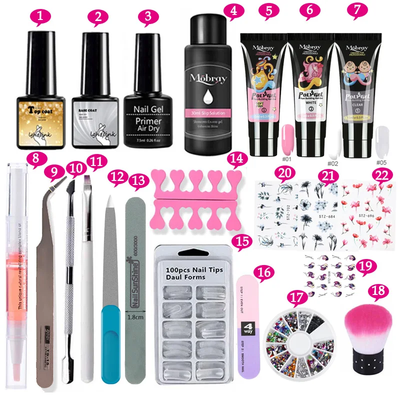 22pcs-poly gel set 26 шт./Набор для наращивания ногтей полигель набор лампа для сушки гель-лака Кисть для ногтей грунтовка для ногтей верхнее покрытие основа натуральный твердый желе акриловый полигель набор - Цвет: 22pcs-poly gel set
