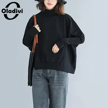 

Oladivi Plus Size Women Sweatshirts 2020 Spring New Casual Loose Long Sleeve Turtleneck Tops Fashion Ladies Hoodies Black