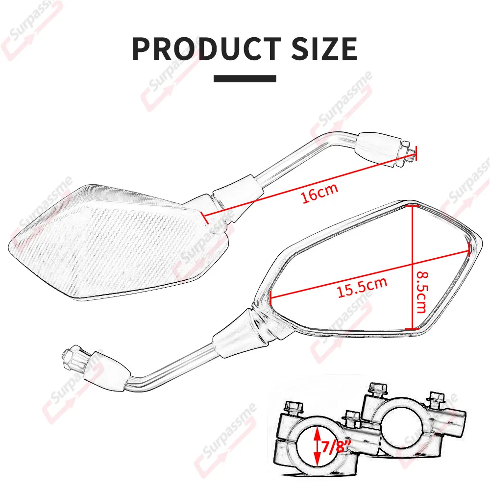 Motorcycle Rear View Mirror with 7/8'' Handlebar Mount Clamp Carbon Fiber Convex Mirrors for Motocross ATV Scooter motorcycle handle bar mirror