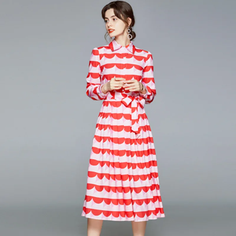

2020 New Autumn Turn-down Collar Long Sleeve Geometric Pattern Striped Printed Party Dress Women Fashion Banquet Long Dress