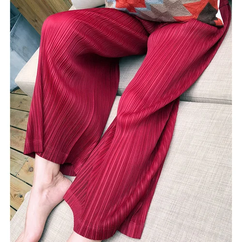 Wine Red Pants Женский комплект из двух предметов, короткое пальто с v-образным вырезом и эластичной резинкой на талии, широкие брюки, Однотонный женский повседневный костюм, Осенние штаны со складками Miyake - Цвет: Wine Red Pants