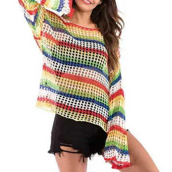 

Womens Knitwear Rainbow Striped Hollow Out Crochet Flare Sleeve Casual Blouse M6CD