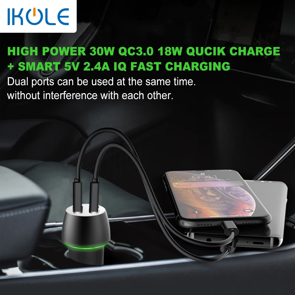 Автомобильное зарядное устройство IKOLE QC3.0 с 2USB портами 30 Вт 5 В 2 4 А|Зарядные