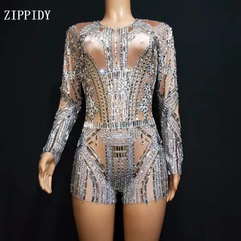 

Bright Shining Crystals Bodysuit CostumesEvening Party Wear Long Sleeves Dress Nude Gray Dress Birthday Celebrate Diamons Outfit