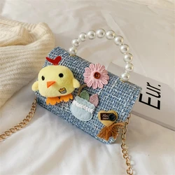 Fashion Lovely Children Mini Crossbody Bags Wool Plaid Pearl Handle Baby Girls Small Shoulder Bag Kids Coin Purse Box Wallet