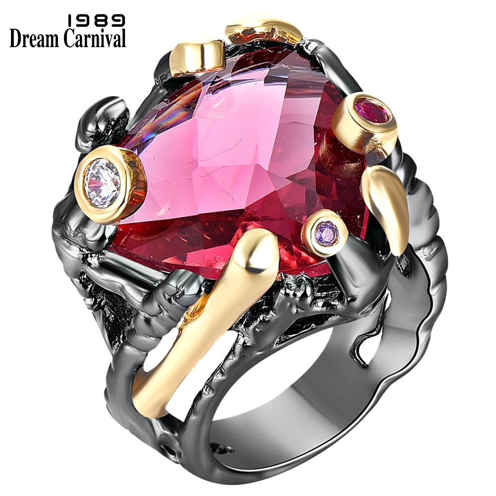 DreamCarnival1989 Barroco Black Gold Rings for Women Big Fuchsia Color CZ Zirconia Hot Wedding Party Fashion Jewelry ZR14173FU