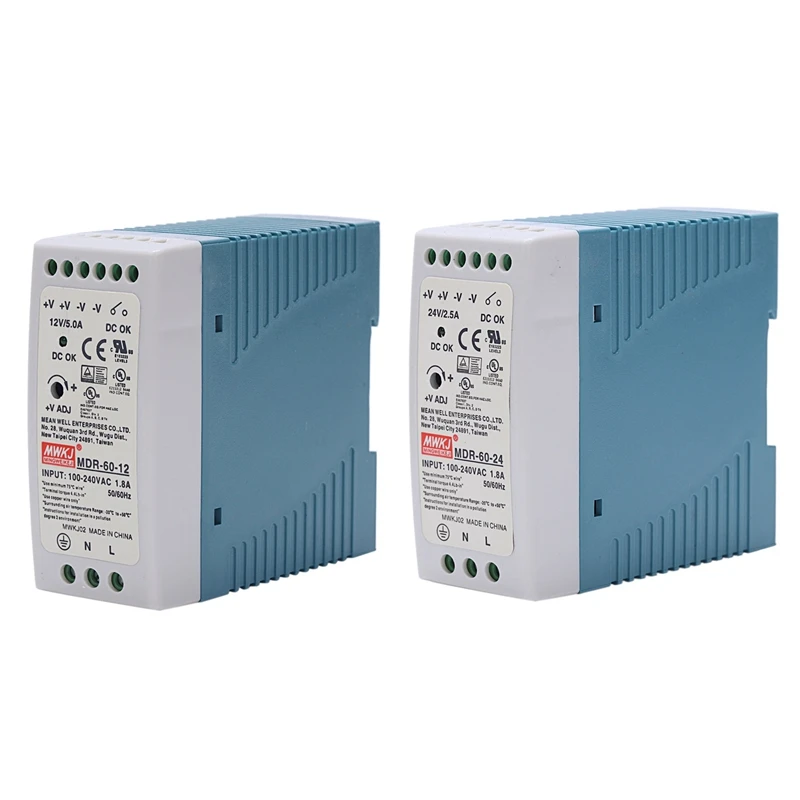 

New 2 Pcs MDR-60 Din Rail Power Supply Ac-Dc Driver Voltage Regulator Power Suply 110V 220V, 24V 20W & 12V 60W