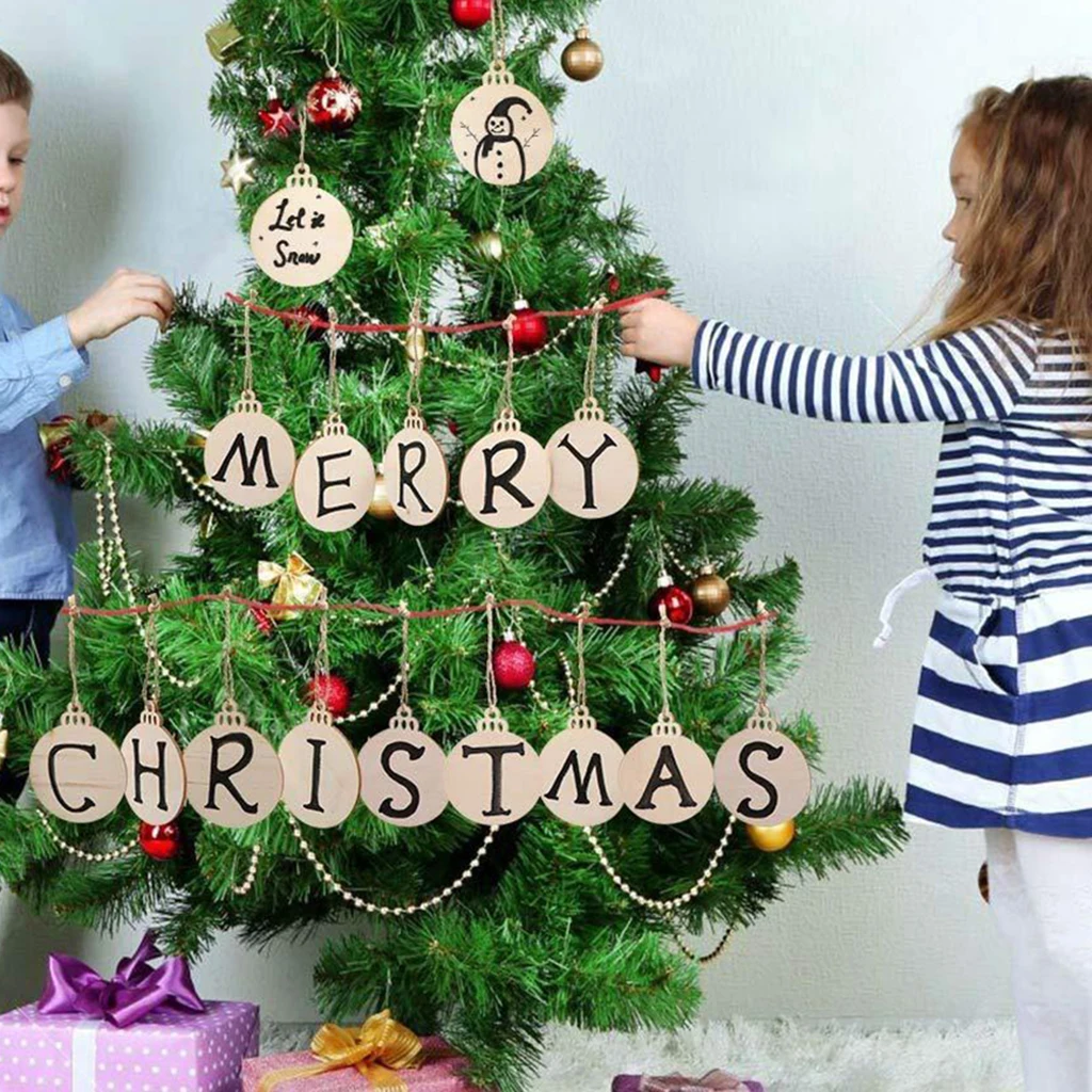 62pcs Christmas Wood Chip Tree Ornaments Xmas Hanging Pendant Decorations