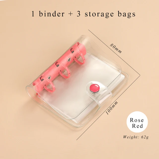 Cute Transparent Mini Loose-leaf Notebook Creative Portable Pocket Hand Book 3 Ring Binder Kawaii School Supplies Stationery Rose red shell