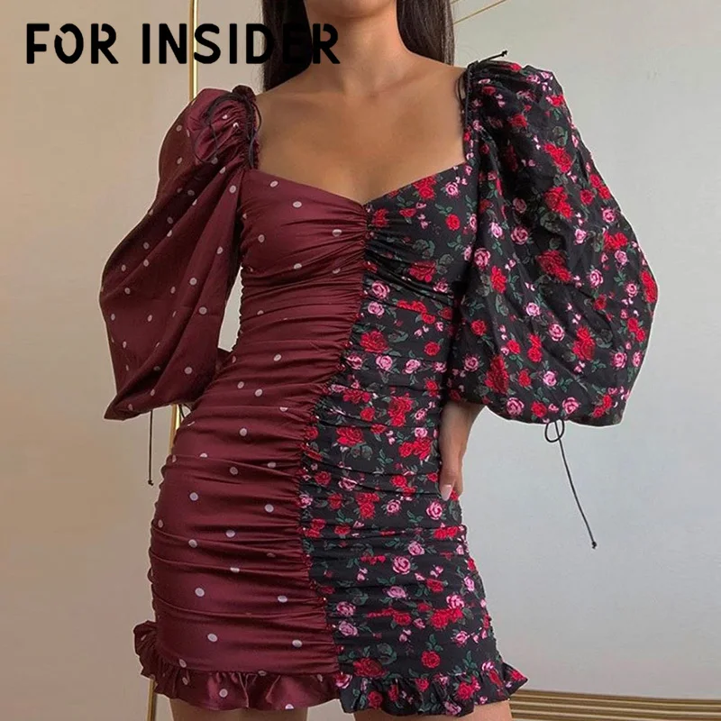 For Insider Vintage puff sleeve red splice satin chiffon dress Women ruffle sexy short party christmas autumn draped |