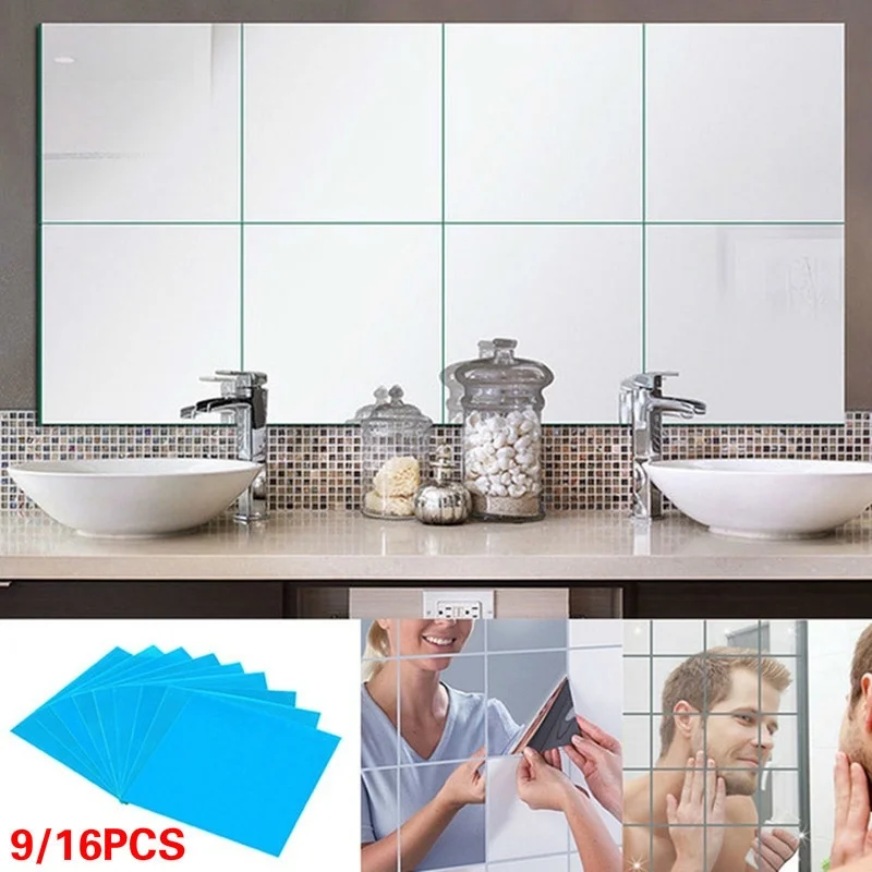 9/16Pcs Mirror Wall Stickers DIY Self Adhesive Square Foil Films Home Decoration Sticker Supplies Living Room Bathroom 15x15cm