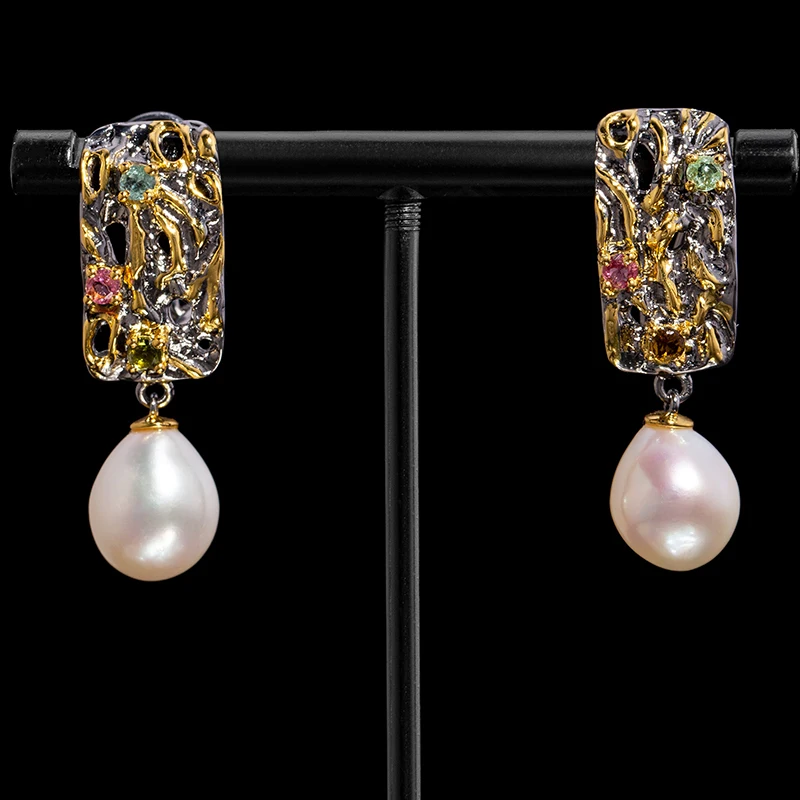 Earrings Italian handmade hollow-out inlaid natural baroque shaped pearl earrings and rings for girls - Цвет камня: Earrings