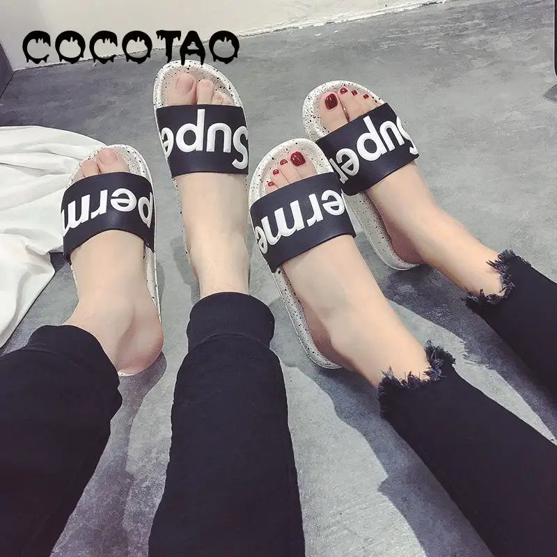

Tide Web Celebrity In Same Flat Cartoon Plastic Rubber Slippers Female Summer Home Indoor A Word Procrastinates Han Edition Love