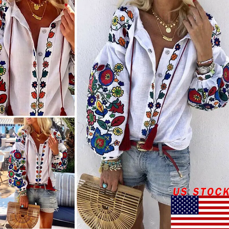New Women White Floral Ethnic style Embroidered Blouse And Tops Long Sleeve Turn Down Collar Elegant Shirt blusas mujer de moda