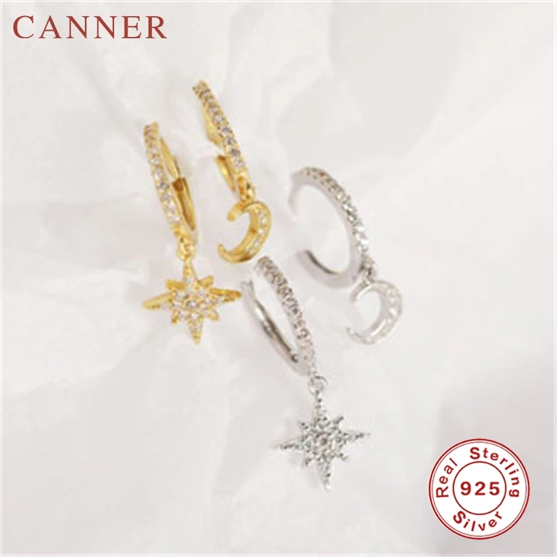 

925 Sterling Silver Hoop Earrings for Women Charming Geometric INS Minimalist Zircon Moon/Shell/Eye Of Devil Gold Earrings 2019