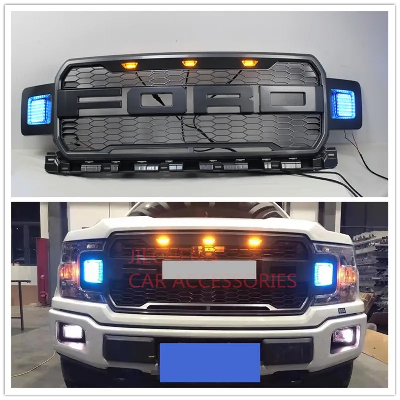 Модифицированная Передняя гоночная решетка RAPTOR GRILL BUMPER MESH накладка маска грили подходит для FOT F-150 F150 RAPTOR автомобильные аксессуары - Цвет: BLUE   LED LAMP