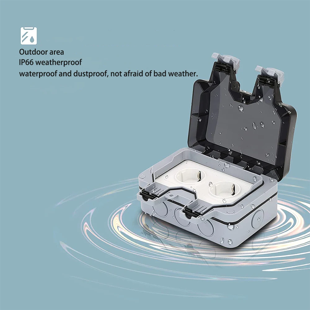 Power Socket IP66 Weatherproof Waterproof Outdoor Wall 16A Double EU Standard Electrical Outlet Grounded AC 110~250V