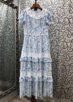 

2020 Spring and Summer New Women's Lace Ruffled Lapel Back Zipper Decorations Embroidery Flower Short-Sleeve Dress 709