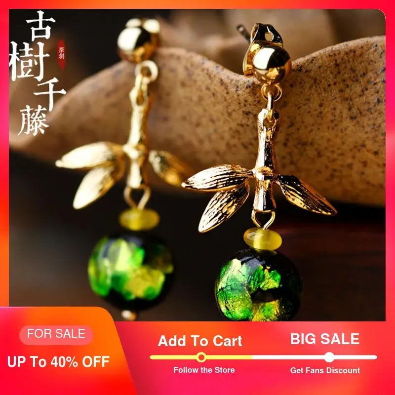 Винтажные серьги с зеленым стеклом висячие для женщин Подвесные в виде листьев