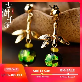 

Vintage earrings with Green Glass Drop Earrings for Women Charms Leaf Hanging Earrings Ethnic fashion jewelry 2019 New Arrival