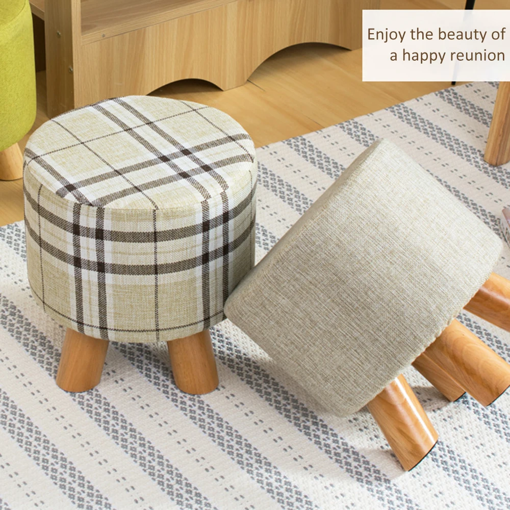 Round Fabric Creative Solid Wood Thickened Footstool Padded Foot Rest Folding Storage Seat Stool with Removable Cover