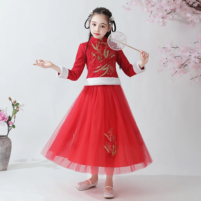 

Autumn and Winter Plush Suit for Girls Chinese Tang Style Cheongsam Princess Skirt Thickened ethnic Han Suit Shildren's Wear