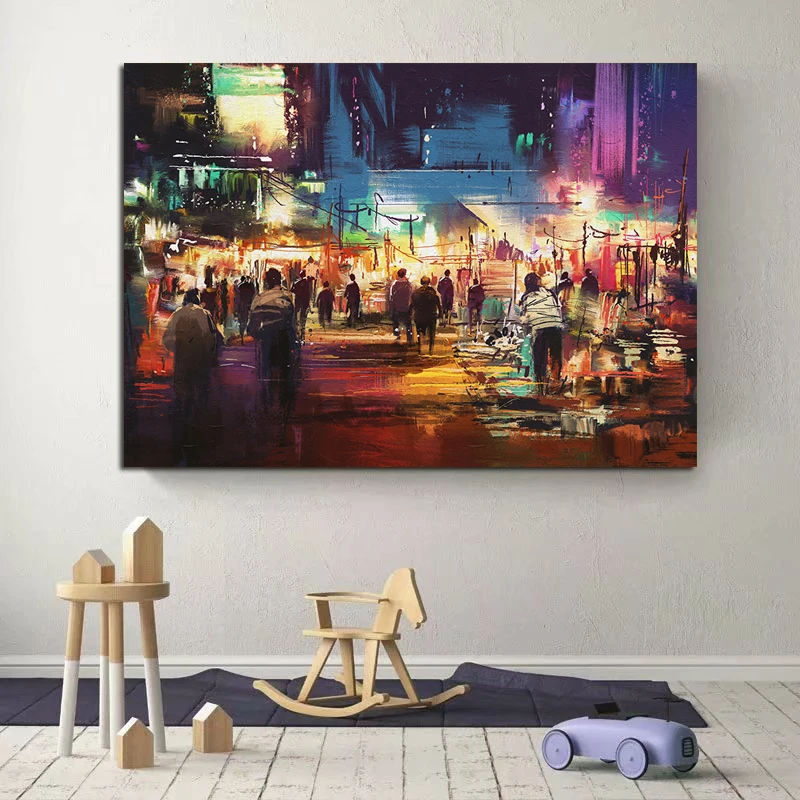 GOODECOR Wall Art Canvas Painting Posters Decorative Painting Lively Street Scene Painting Pictures Frameless
